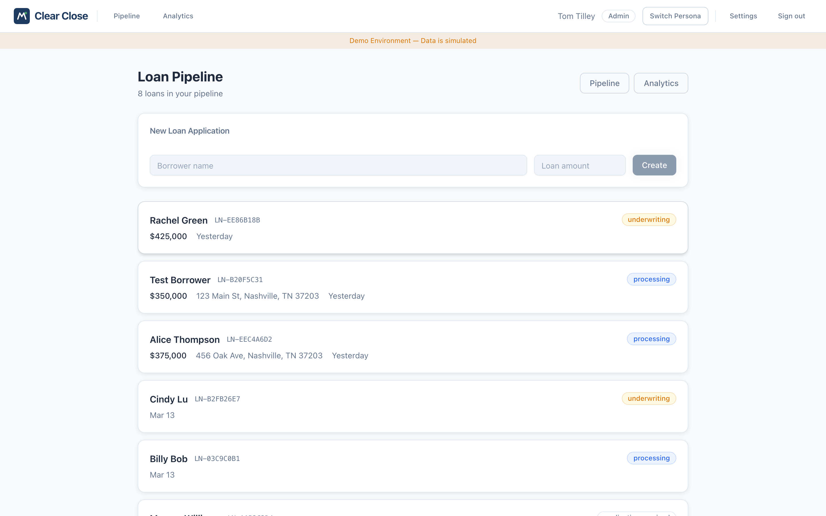 Clear Close loan pipeline showing active loans with status badges